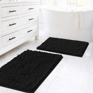 H.VERSAILTEX Black Bathroom Rug Set 2 Piece, Bath Mats for Bathroom Floor, Super Thick Soft Shaggy Chenille Bath Mats Machine Washable, Dry Fast Water Absorbent Bath Mats(20" x 32"/17" x 24")