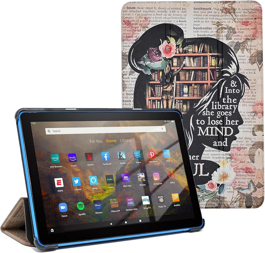 Slimshell Case for Amazon Fire HD 10 Tablet (7th and 9th Generation, 2017/2019 Release), Lightweight PU Leather Stand Protective Cover with Auto Sleep Wake, Book Lovers