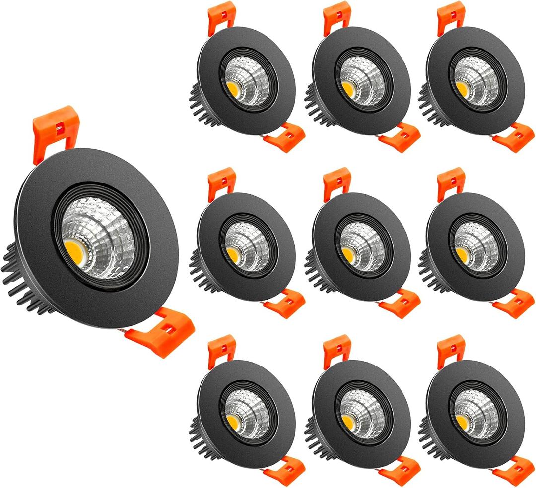 LightingWill 2inch LED Dimmable Downlight, 3W COB Recessed Ceiling Light, Natural White 4000K-4500K, CRI80, 25W Halogen Bulbs Equivalent, Black (10 Pack) (Black Trim - 10Pack)