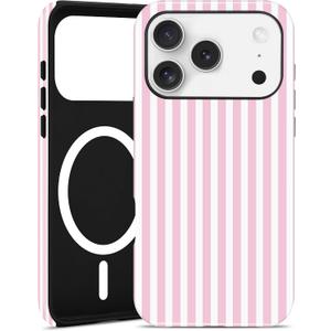 Jusy Magnetic Striped Phone Case for iPhone 16 Pro,Pink and White | Compatible with MagSafe, Cute Aesthetic Striped Design, TPU and PC Protective Shockproof Cover