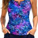 Womens Tankini Swimsuits with Shorts - 2 Piece Tummy Control Bathing Suit V-Wire Drawstring Swimwear with Pockets 2026 (Medium, Blue Purple Leaves)