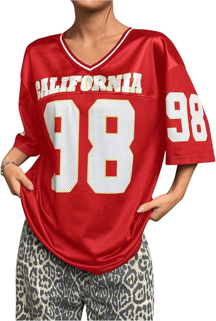 WDIRARA Women's Plus Size Football Jersey Shirts Oversized T Shirt Graphic Letter Print V Neck Short Sleeve Streetwear Top (XXL)