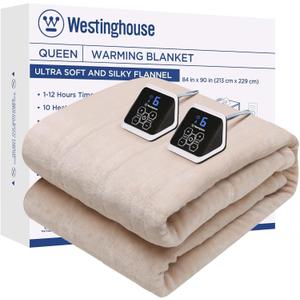 Westinghouse Heated Blanket Queen Size, Electric Heating Blanket with 10 Heating Levels, 1-12 Hours Auto Shut Off, Fast Heating Warming Blanket, Machine Washable(Queen,84x90 Inches,Beige)