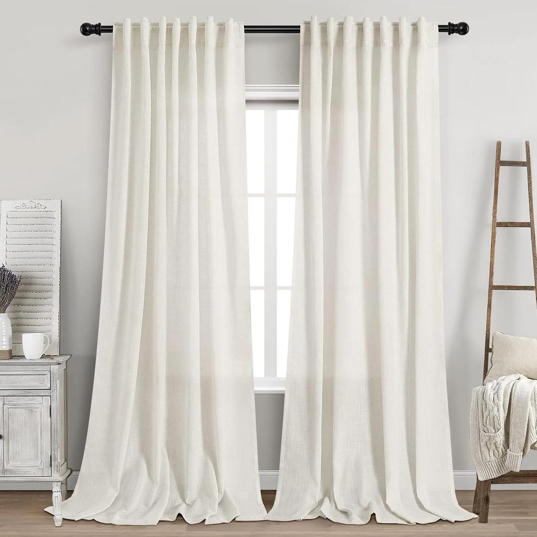 Cream Linen Curtains 102 inches Long 2 Panels Set for Living Room Extra Long Back Tab Curtains Neutral Farmhouse Light Filtering Semi Sheer Linen Drapes Ceiling to Floor for Large Window Ivory