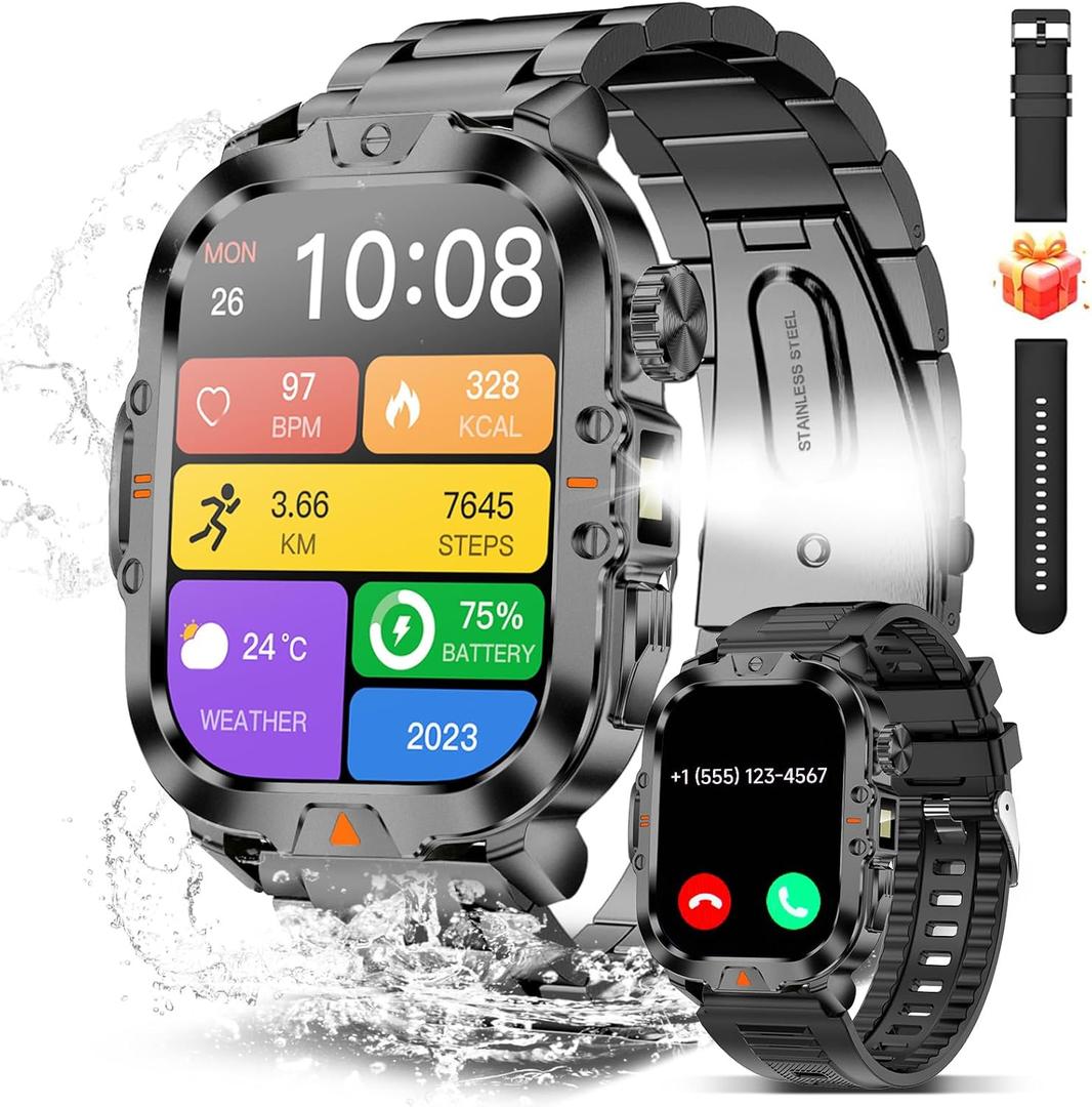 Smart Watch for Men Military Answer/Make Call 2.01 Display 170+ Sports Modes Fitness Smart Watch IP68 Waterproof 30 Days Standby Smartwatch for Android iOS Black (2 Straps)