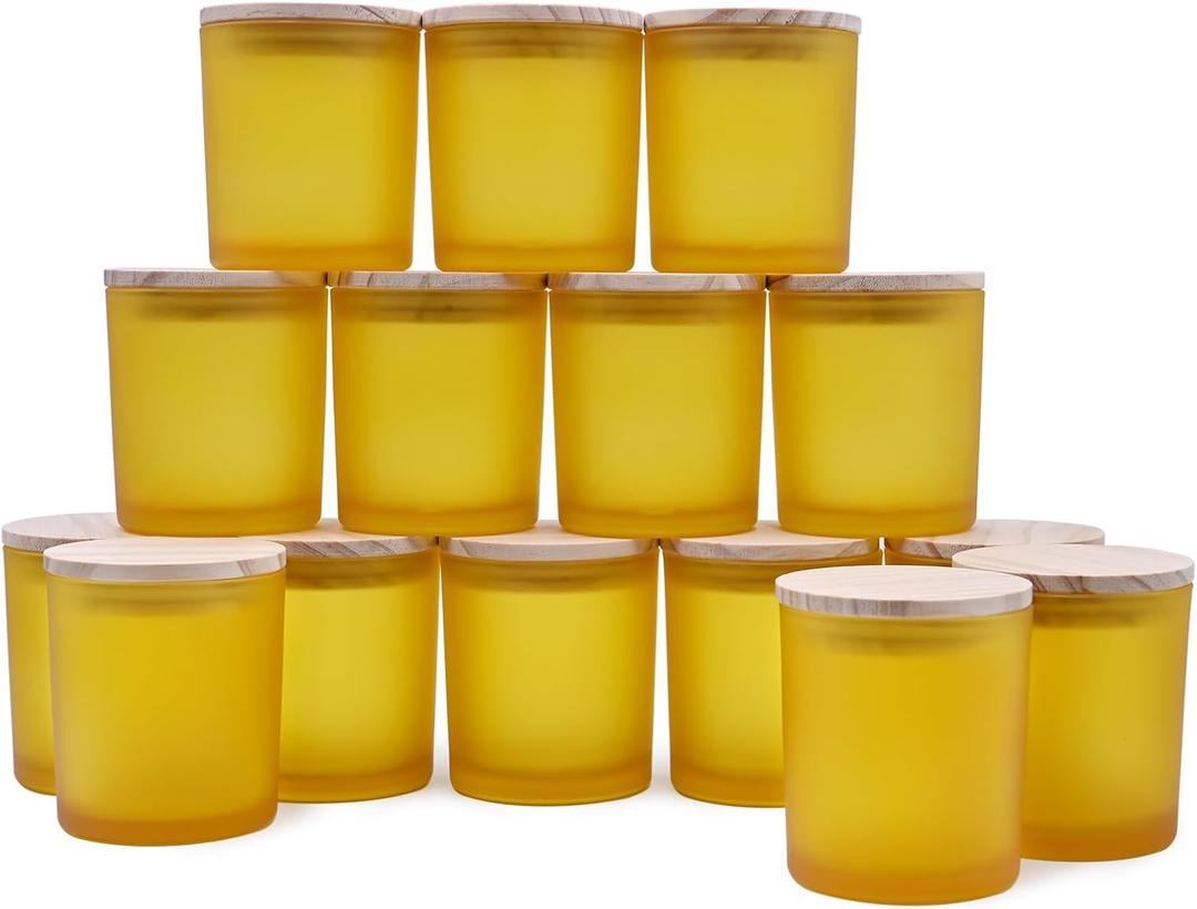 SHOWIN 8 OZ Thick Candle Jars for Making Candles 15 Pcs, Empty Jars with Wood Lids for Candle Making, Sample Container, Frosted Yellow