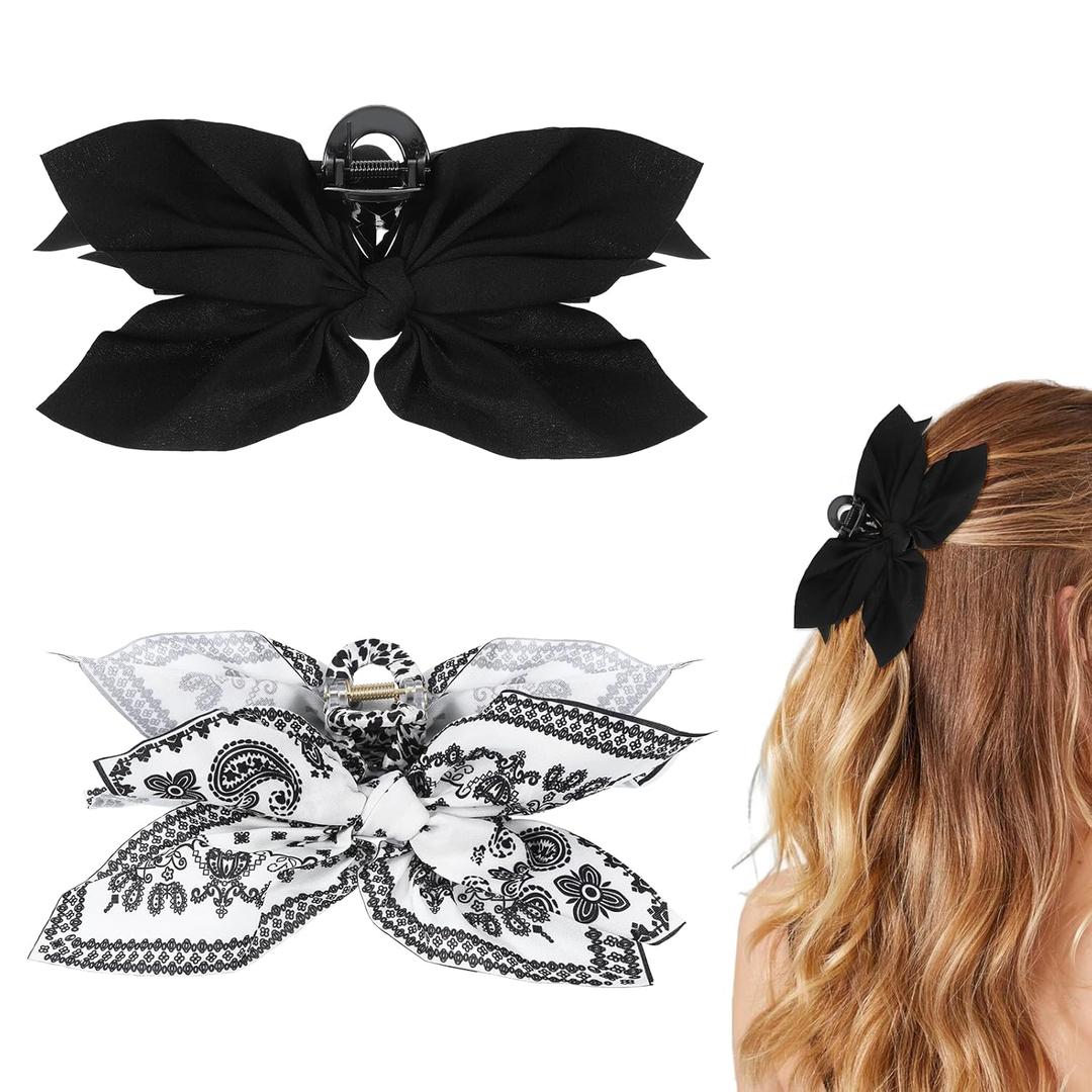 2 Pcs White Black Cute Claw Clips, Fancy Metal Cute Hair Bows for Women Girl Satin, Cashew Christmas Bow Claw Clips Cute Non-Slip, Christmas Flat Large Butterfly Bow Hair Clips for Women Styling