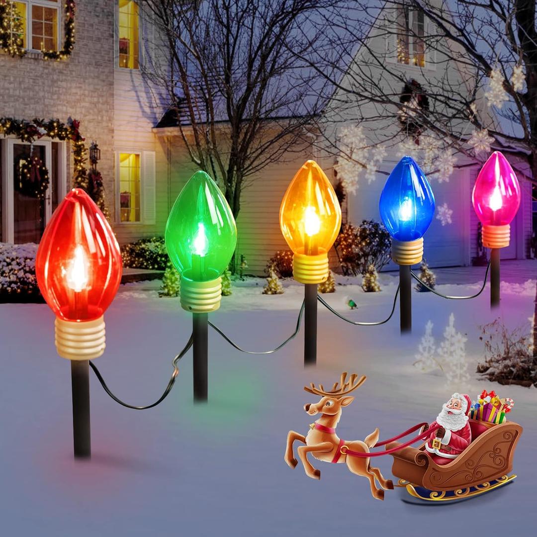Jumbo C9 Christmas Pathway Lights Outdoor - 2 Pack Total 17 Feet 10 LED C9 Walkway Lights, Multicolor Jumbo Light Christmas Bulb Light Outdoor Decorations for Lawn Holiday Outside Yard Garden