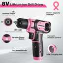 WORKPRO Pink Power Drill Set and Stackable Tool Box, 8V Cordless Drill Driver with Bit Set, 2.0Ah Electric Cordless Screwdriver Kit with 3/8" Keyless Chuck, For Home DIY- Pink Ribbon