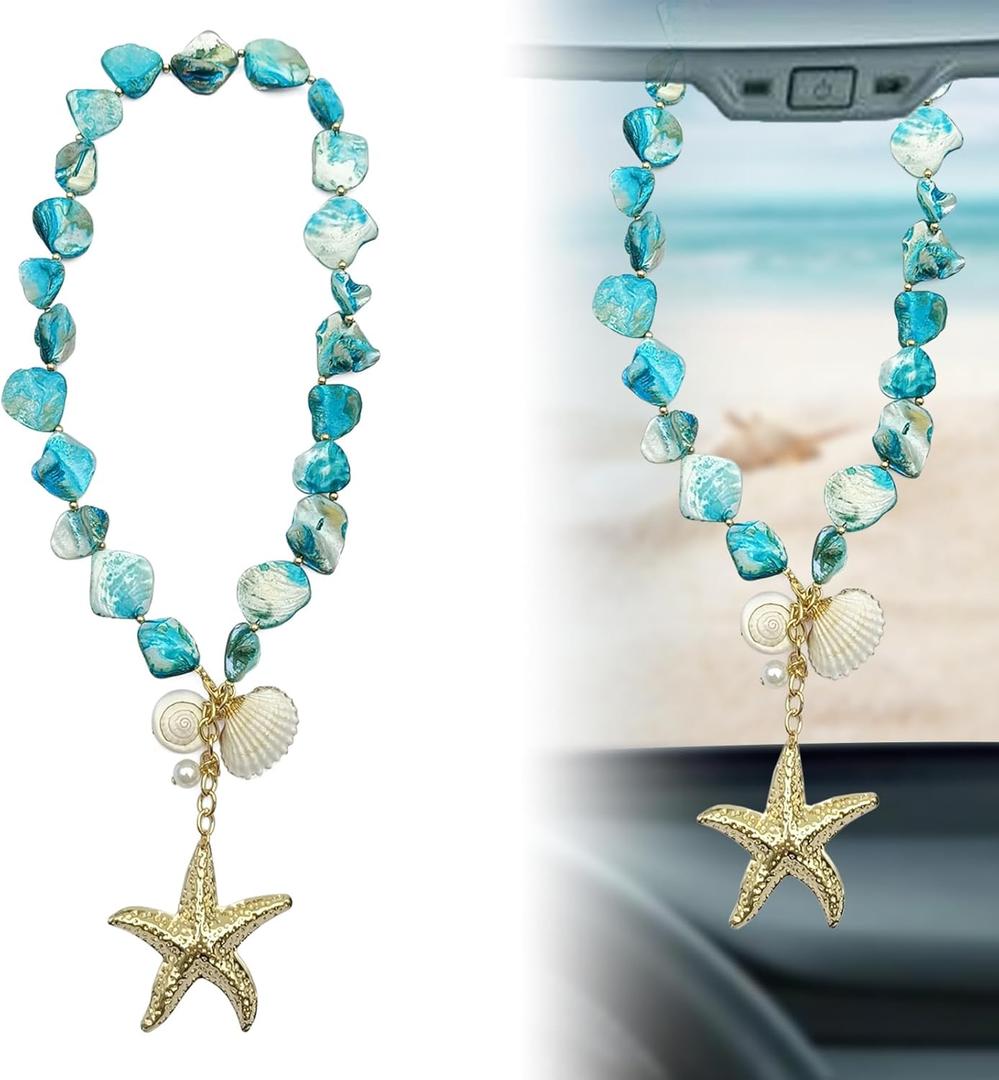 Sea Shells Hanging Car Decor, Beach Car Accessories & Rearview Mirror Charm for Women, Ocean Pendant Cute Coastal Bag Charm, Starfish Seashell Decor Gifts for HerBlue