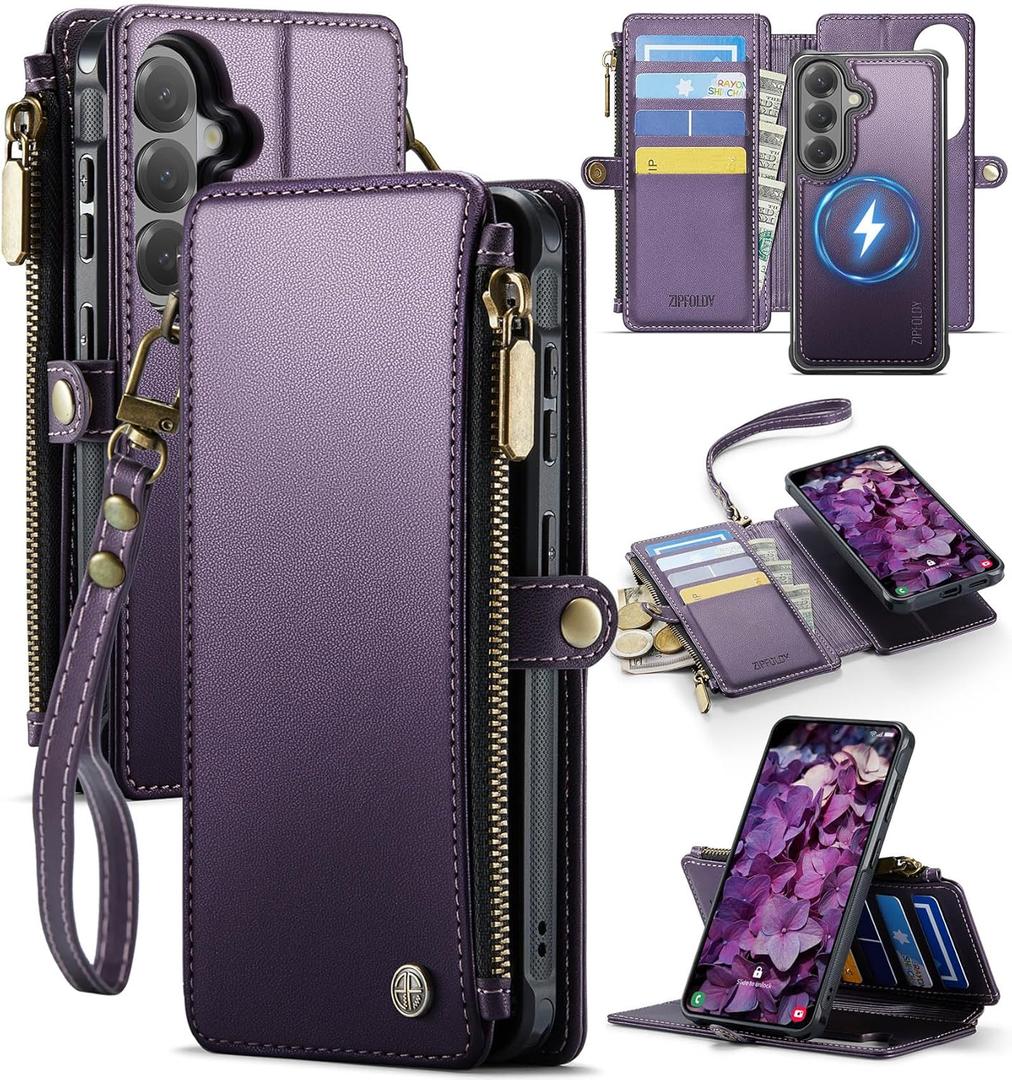 For Samsung Galaxy S26 Wallet Case Magnetic [Compatible with Magsafe] [RFID Blocking Card Holder] [Zipper] [Strap] Detachable Drop-Proof Protective Phone Cases for Galaxy S26-6.3", Purple