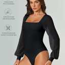 Avidlove Women Puff Long Sleeve Bodysuit Mesh Square Neck Thong Sexy Body Suits Double Lined Leotards (Black, XS)