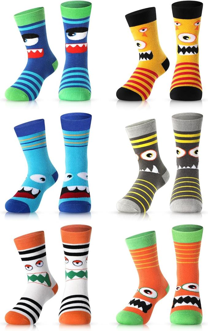 Jinei 6 Pairs Boys Monster Pattern Socks Kids Toddler Funny Crazy Cotton Crew Socks Novelty Christmas Gift Party Favors, 4-7 Years