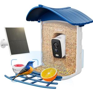 SEHMUA Bird Feeder with Camera-No Subscription Required for AI Identifies Bird Species, 6W Solar Powered Smart Bird Feeder, 2K HD Live Video View, Instant Bird Arrival Alerts for Outdoor Backyard (Blue)