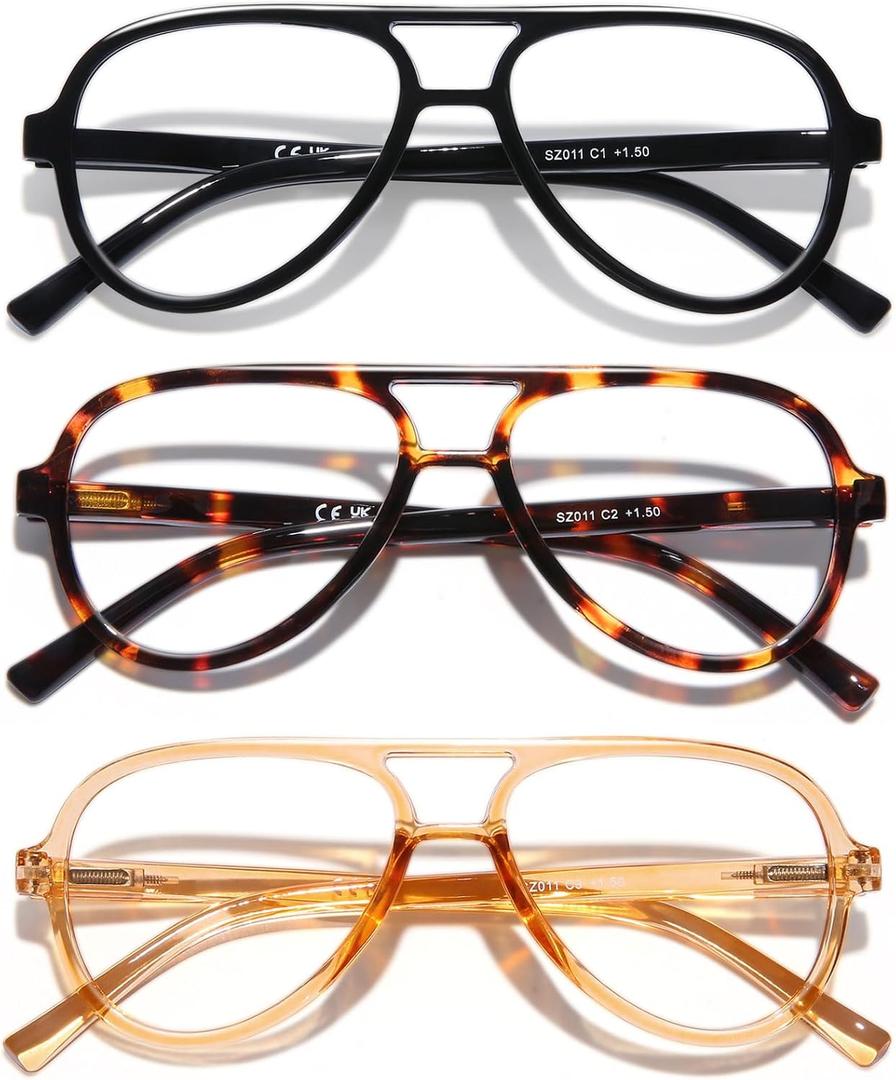 DOOViC 3 Pack Retro Aviator Reading Glasses for Women Men Lightweight Blue Light Blocking Computer Readers (3 Colors-s1)