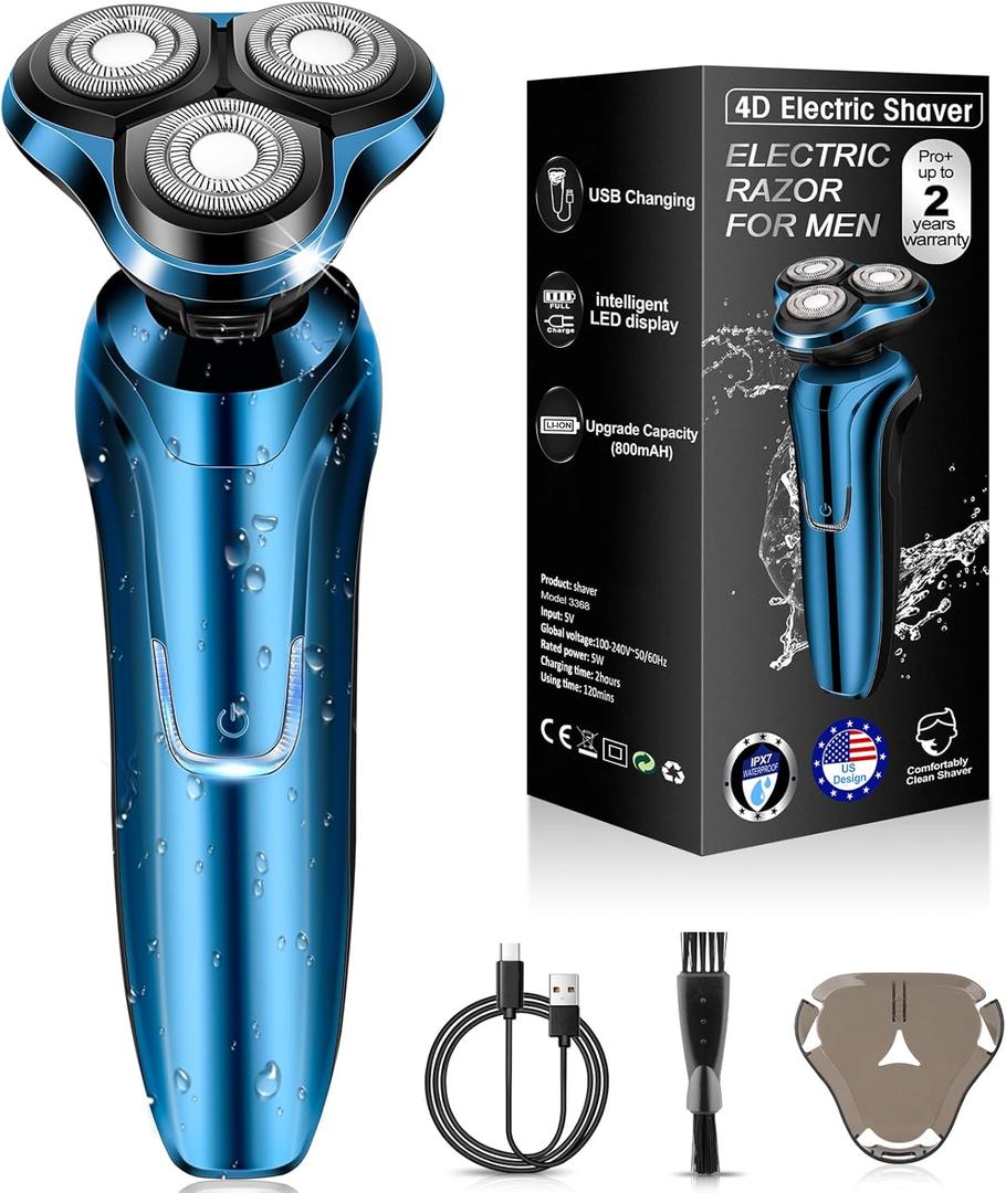 Electric Razor for Men, Electric Shaver for Men Face, Waterproof Wet Dry Rechargeable with Pop Up Trimmer Blue