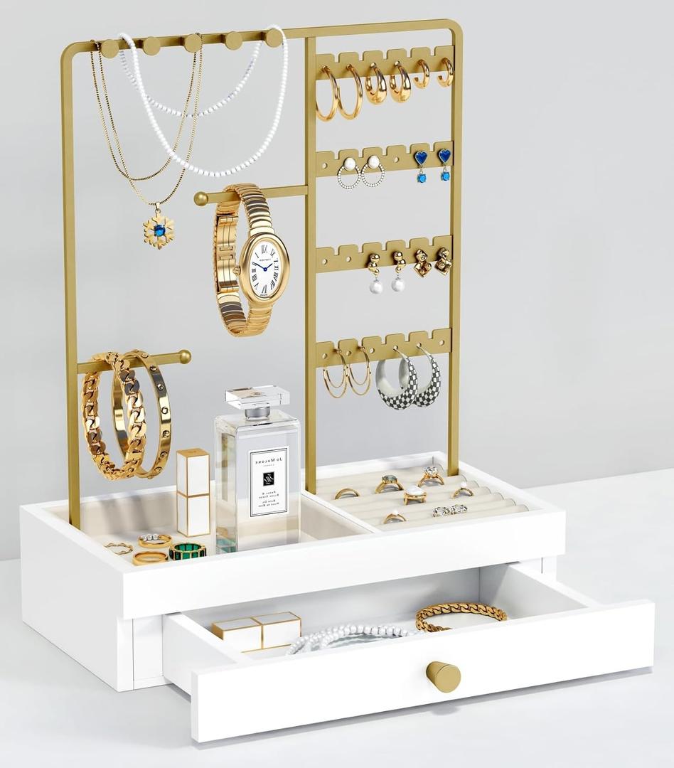 Goozii Gold Jewelry Stand Organizer Necklace Holder, Birthday Gifts for Women Girls, Small Jewelry Stand for Earrings Rings Bracelets, Velvet Jewelry Hanger Tree, Mothers Day Gifts - White and Gold