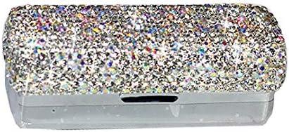 Lipstick Bling Rhinestone Crystal Case Storage Organizer Box with Mirror for Women's Lipstick Holder-Cosmetic Storage Kit (Silver)