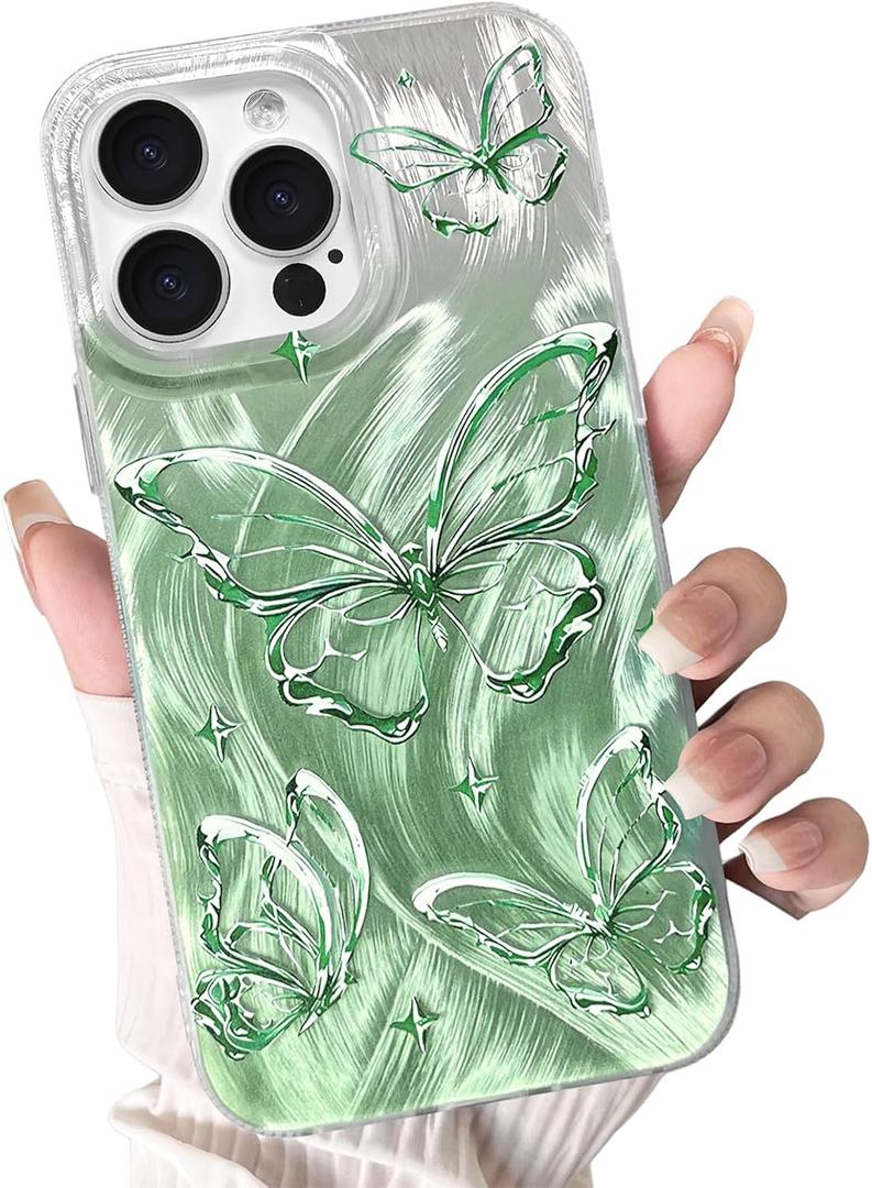NITITOP Compatible for iPhone 13 Pro Max Case Cute Butterfly Pattern for Women Girl Glitter Laser Shiny Feather Yarn Style Aesthetic Shockproof Hard Protective Phone Cover - Green