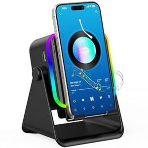 TARKARI Wireless Induction Speaker, 5 in 1 Bluetooth Speaker, 360 Rotation Cell Phone Stand and Colorful Ambient Light, Compatible with iPhone iPad Android Tablet, Birthday Gifts for Him Women Men
