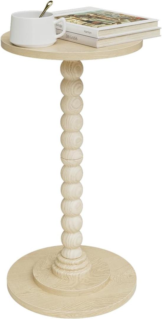 Masupu Round Side Table, Small End Table for Small Spaces, Pedestal Drink Table with Solid Wood Leg for Living Room, Bedroom, Corners(Light Oak)