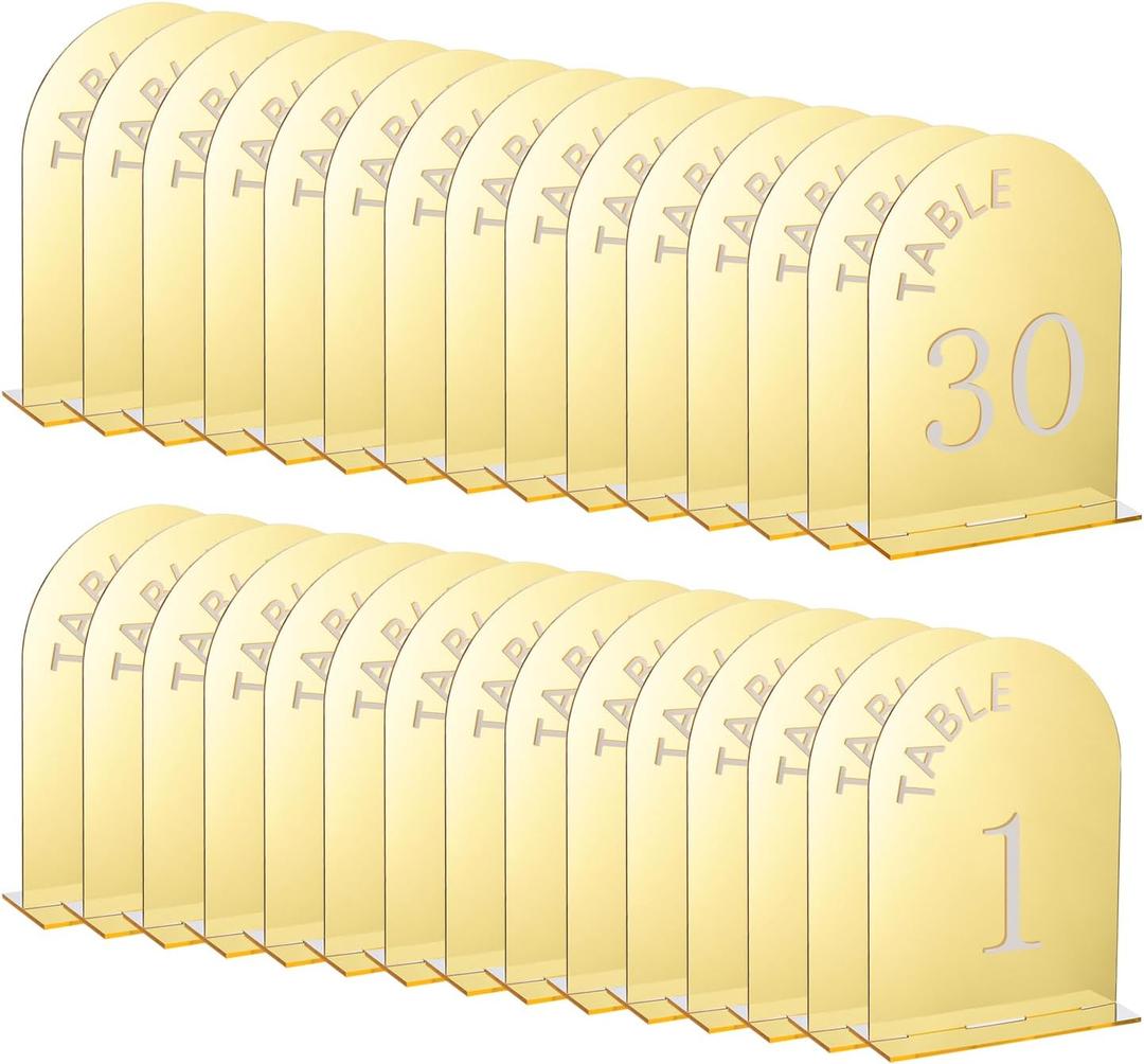 uxcell 30pcs 4.8 x 7 Inch Gold Arch Acrylic Sign with Stand, Acrylic Arch Table Number Holders for Wedding Table Centerpiece DecorationNumber 1-30