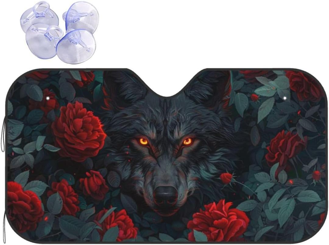 Red Rose Wolf Windshield Sun Shade, Front Window Sunshade Cover Sun Visor Shield Foldable Uv Ray Reflector for Car SUV Truck S