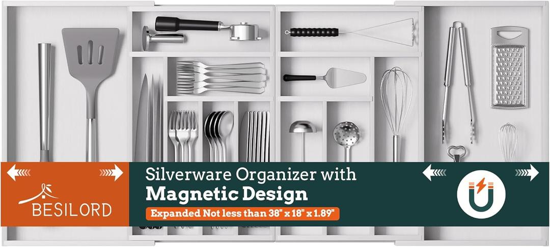 Silverware Organizer Large, Magnetic Connected Expandable 13 Slots Silverware Drawer Organizer from 21 to 37.4 Inches, Adjustable Flatware and Cutlery Holder, Bamboo Utensil Tray for Kitchen White