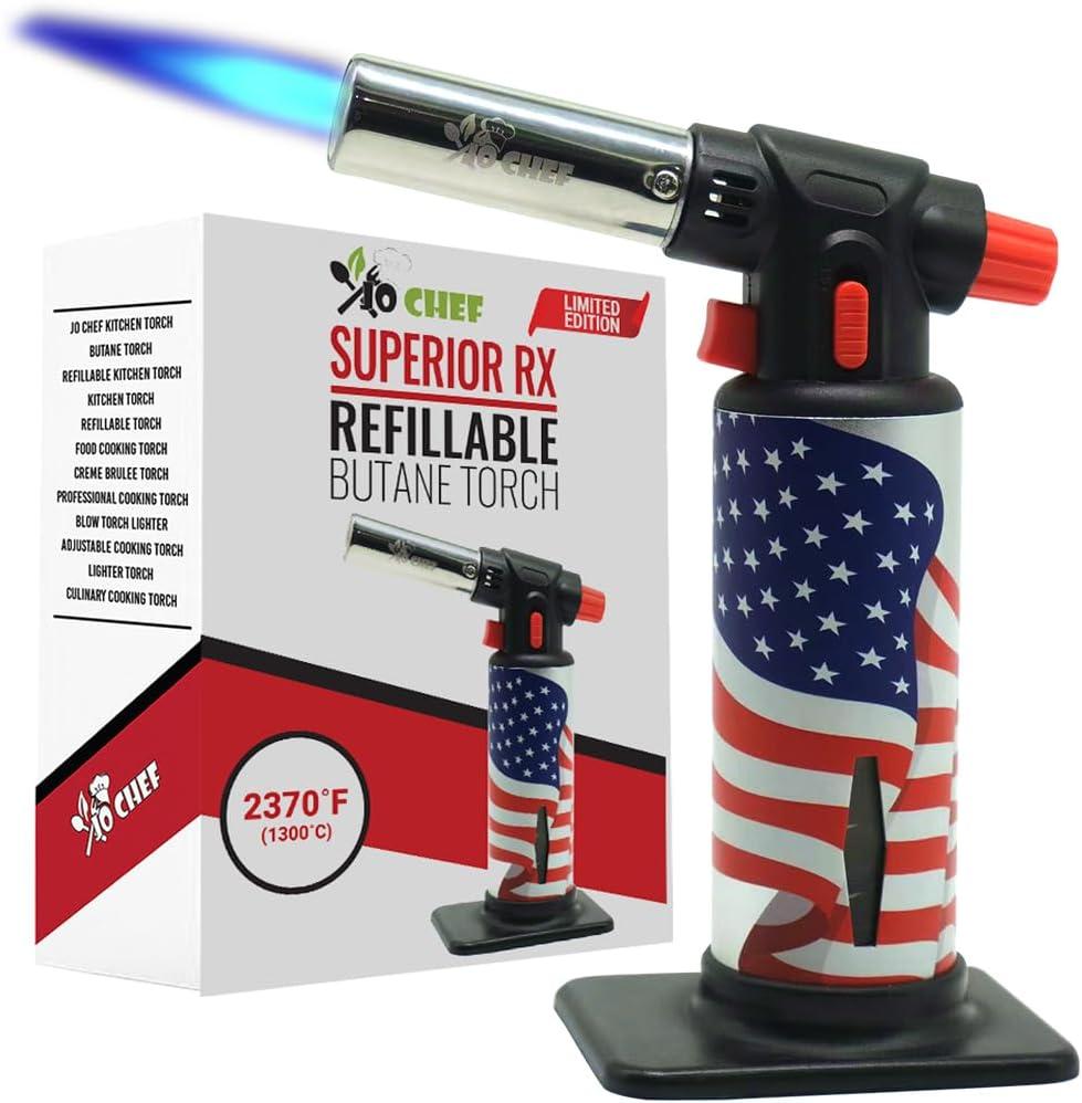 Jo Chef Butane Torch Lighter, Cooking Torch - Refillable Adjustable Flame Lighter with Safety Lock for BBQ, Baking, Brulee Creme, DIY, Crafts and Soldering