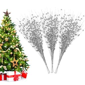 Losris Christmas Artificial Glitter Berry Stem Decorations Decorative Bead Sticks Xmas Picks Glittery Twigs Branches for Christmas Tree Wreath Gift Vase Home Decor Party Ornaments Silver 24 PCS