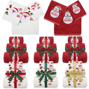 Gilprop 18 Pcs Christmas Bath Towels Set, 6 Bath Towels & 6 Hand Towel & 6 Wash Cloths Santa Claus Snowman Embroidered Absorbent Towel for Xmas Home Bathroom Kitchen Holiday Decor