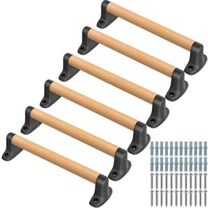 SELEWARE 6-Pack 17-Inch Playground Safety Handles, Solid Beech Wood Kids Playground Grab Handles with Plastic Brackets, Playset Handles for Indoor Outdoor Playhouse Treehouse Climbing Frame & More