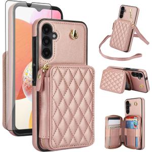 Phone Case for Samsung Galaxy A16 5G/4G Wallet Cell Cover with Tempered Glass Screen Protector Wrist Crossbody Strap Lanyard Stand RFID Blocking Credit Card Holder Slot A 16 Women Girls Rose Gold