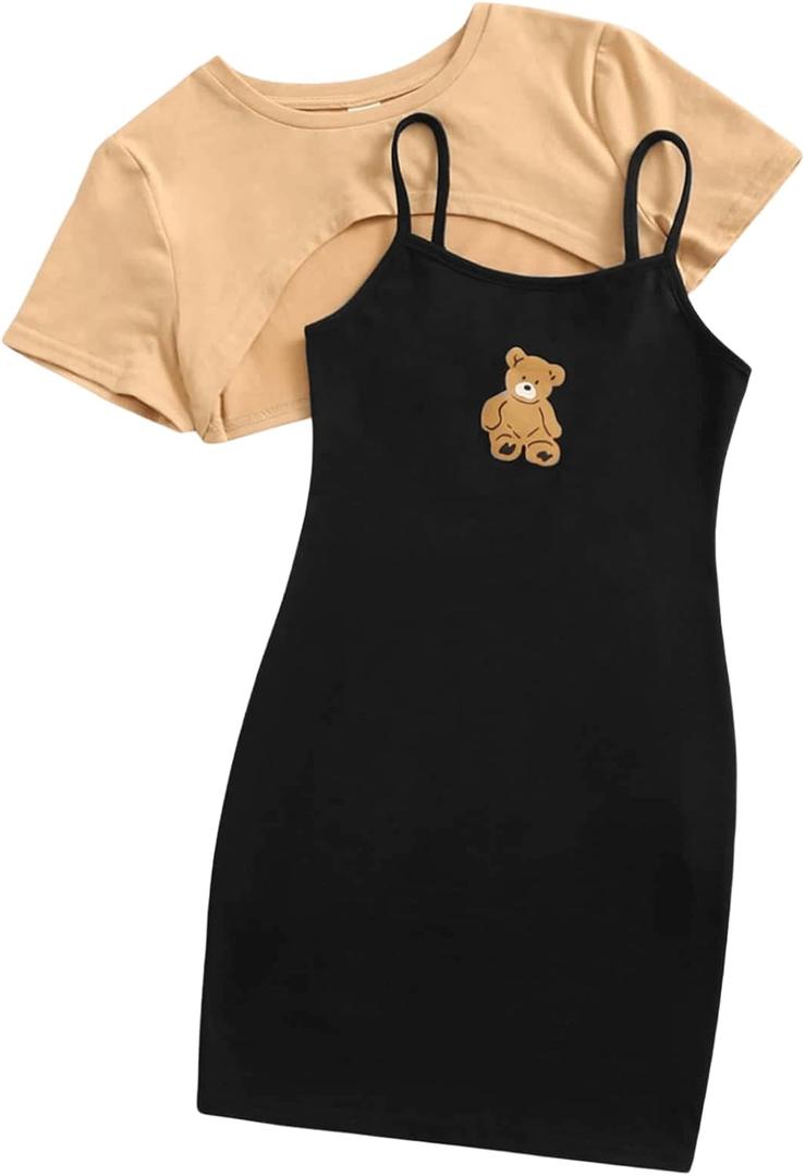SOLY HUX Girl's 2 Piece Outfits Short Sleeve Crop Top and Cartoon Print Cami Dress Set (