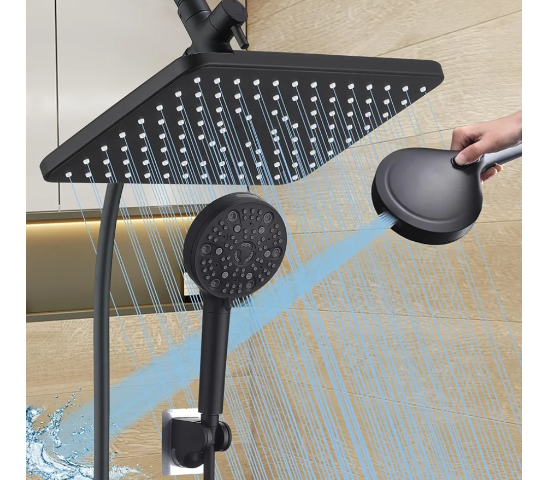 12 Inch Rain Shower Head High Pressure Dual Shower Heads Rainfall Showerhead with 9 Sprays Handheld Spray Combo & 70"Long Fixed Showerheads Hose, Matte Black Bathroom Accessories
