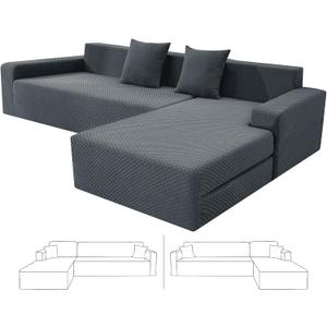 ZNSAYOTX Sectional Couch Covers, Stretch Jacquard Slipcovers with Elastic Bottom for L-Shape Sectional Sofa, 2 Pcs Pet Friendly Modular Sofa Protector (3 Seat Couch + 2 Seat Chaise, Dark Grey)