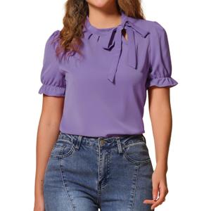 Allegra K Women's Bow Tie Neck Tops Elegant Office Short Sleeve Blouse (Large, Violet)