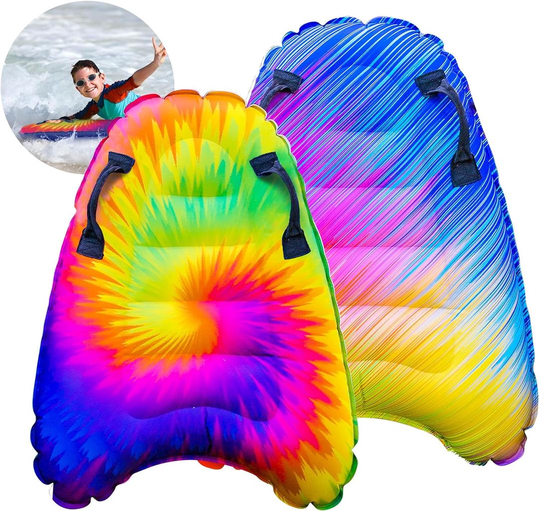 JAMBO 2 Pack Inflatable Surf Body Boards with Handles for Water Slides, Boogie Boards for Beach, Pool, Lake & Slip Slides, Lightweight Floating Water Toys for Kids & Adults (Tie Dye AND Color Spiked DOUBLE PACK)