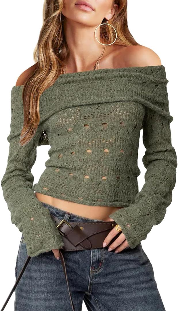 Womens Off The Shoulder Hollow Out Sweaters Sexy Slim Fitted Cropped Long Sleeve Knit Tops (Petite) (XL)