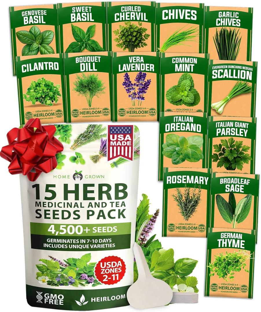 HOME GROWN 15 Herb Seeds for Planting 4, 500+ Non-GMO Heirloom Seeds | Extra Large Variety Pack Herb Kit – Indoor Outdoor & Hydroponic | Culinary Seed Set | Grow Your Own Herbs | Gardening Gift