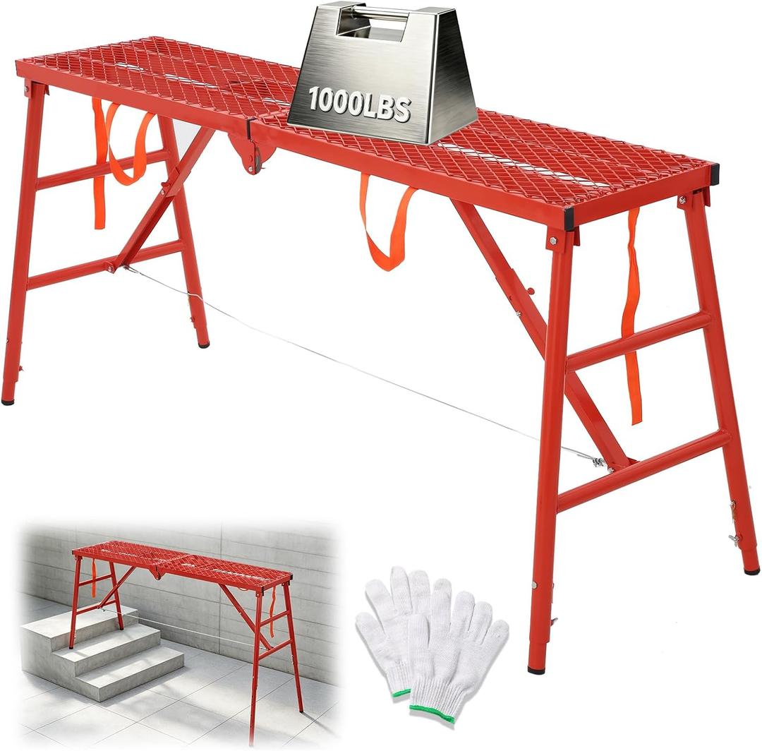 1000LBS Heavy Duty Foldable Scaffolding Work Platform, 71x16 Inch Adjustable Height Steel Work Ladder with Anti-Slip Grid, Ideal for Staircase, Painting, Wiring, Car Wash, Home Decor, and Maintenance