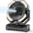 Camping Misting Fan - Portable Battery Powered Fans with 9oz Water Tank, Light, Hook - Rechargeable, 120H Cooling, Last 5H Mist, 4 Speed, Sleep Mode - Outdoor Fan, Travel Essentials (Black)