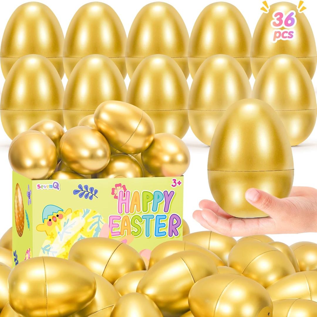 SevenQ Golden Plastic Easter Eggs Empty 36Pcs 3.15" Fillable Easter Basket Stuffers Fidget Toy Easter Gifts for Kids Party Favors Pinata Treasure Box Candy Goodie Bags Fillers Egg Hunt Essentials