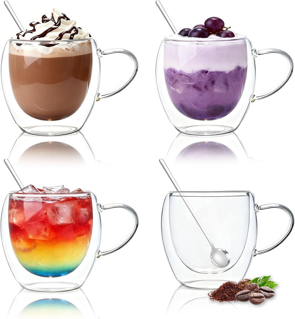 DINGPAl 4 Pack 8oz Double Wall Glass Coffee Mugs,Heat-resistant Borosilicate Glass Mug Cappuccino Espresso Tea Latte Cup with Handle,4 Spoons for Stirring Beverages in Bar,Cafe,or at Home