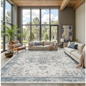 Rugxara 9x12 Extra Large Washable Area Rug, Soft Neutral Vintage Boho Rug for Living Room, Bedroom, Office, Farmhouse, Low Pile Imitation Wool Non Slip Carpet Ideal for High-Traffic Areas, Blue Grey