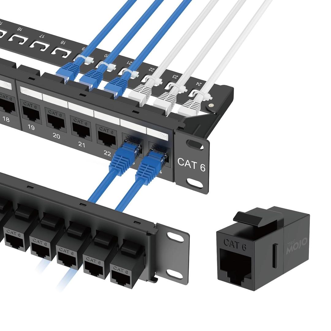 Tecmojo UL Listed 24-Port Cat6 UTP Patch Panel with Inline Keystone Couplers, 19-Inch 1U Rack Mount with Removable Back Bar, Network Patch Panel for Cat6/Cat5e/Cat5 Cabling