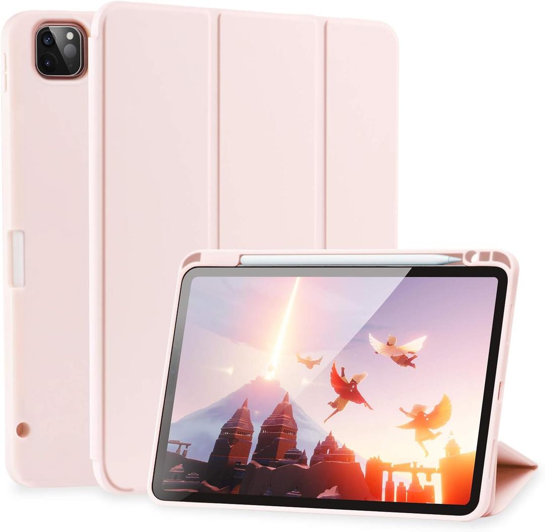 SIWENGDE Cases for iPad Pro 12.9 Case 6th/5th/4th Generation (2022/2021/2020) with Pencil Holder [Apple Pencil Wireless Charging] Soft TPU Smart Tri-fold Stand Protective Cover(Pink)