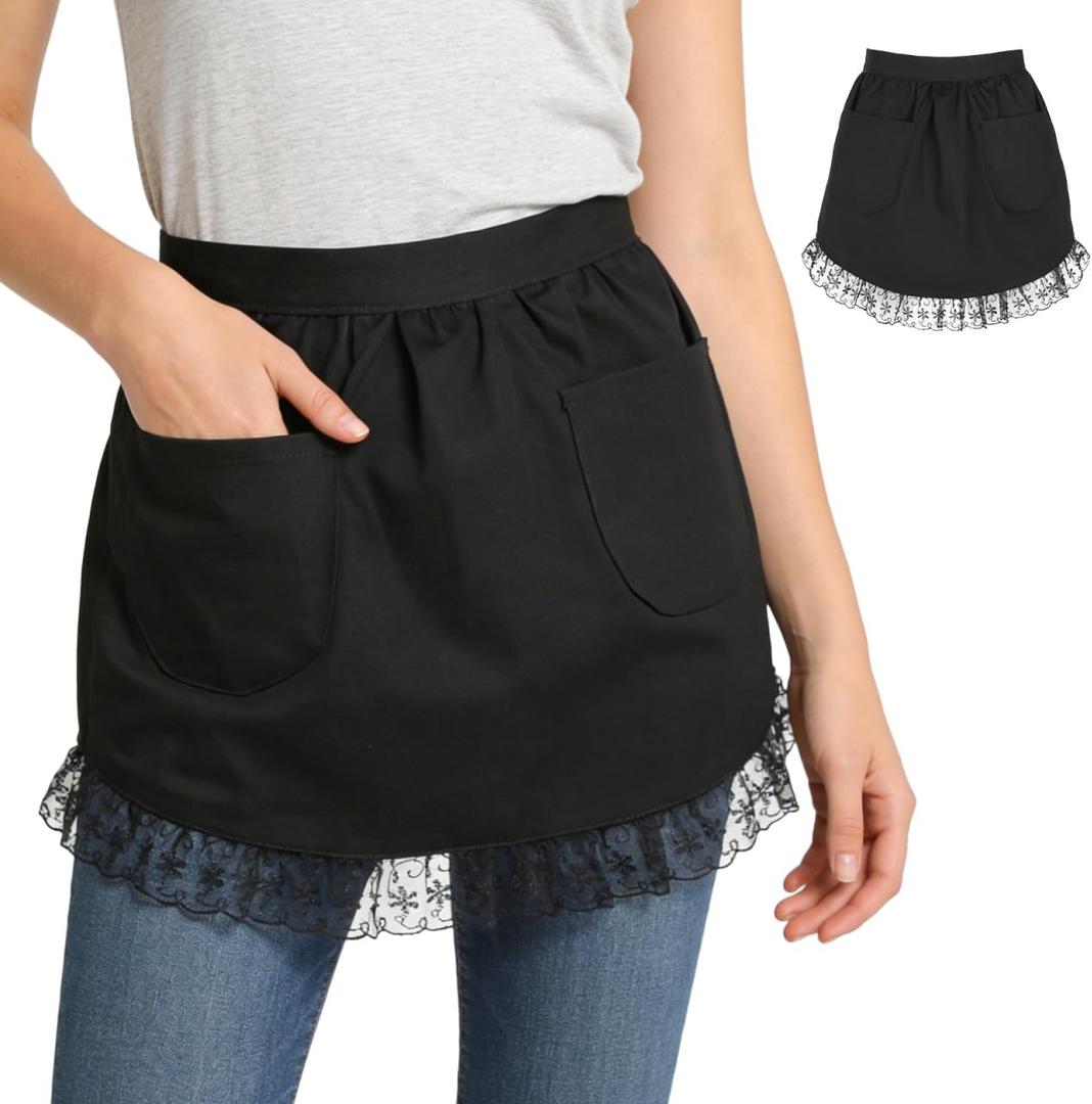 Cabilock Retro Lace Half Apron with Pockets Women Waist Apron for Cooking Baking Cosplay Vintage Kitchen Server Waitress