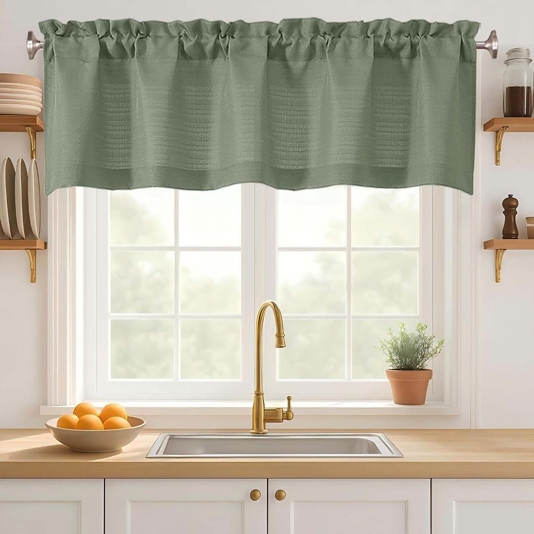 Sage Green Valance for Windows 18 Inch Length, Light Filtering Faux-Linen Burlap Textured Small Short Valance Kitchen Curtain, Soft Airy Rod Pocket Short Curtain, 1 Piece, 60Wx18L Inches