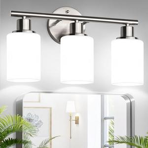 Zarbitta 3-Light Bathroom Light Fixtures, Brushed Nickel Vanity Light, Farmhouse Wall Lights with Milky White Frosted Glass Shades, Bathroom Wall Lamp for Mirror Kitchen Bedroom Hallway Living Room